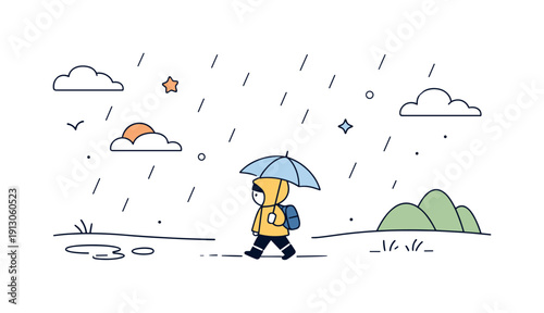Drizzle Walks Atmosphere. Light drizzle walks. Small figure walking through open space with faint rain marks around. Emphasis on atmosphere, scale, and soft