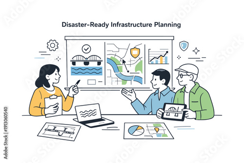 Disaster-ready infrastructure planning. Urban planners discuss maps and data showing resilient bridges, drainage systems, and safe zones. The