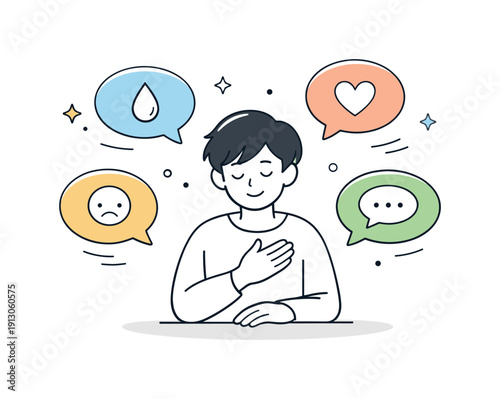 Emotional vulnerability. A character gently opening up through floating speech bubbles with simple symbols, representing honest expression.