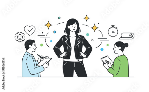 Wearability test of vegan leather. A model tests a prototype jacket made from pineapple-leaf leather, while engineers observe and take notes,