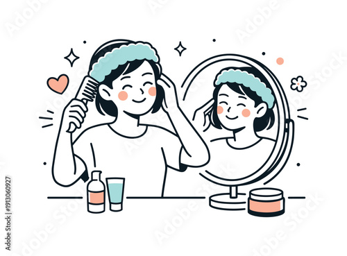 Everyday beauty comfort. A relaxed person smiles in the mirror wearing a cosmetic headband, enjoying a simple styling moment. Friendly,