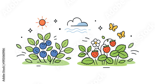 May countryside detail. Low berry plants with fresh leaves and ripe berries, softly arranged with abstract spring shapes around.