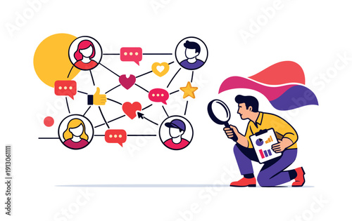   Audience behavior analysis. Icons of users, comments, and reactions connected by lines,