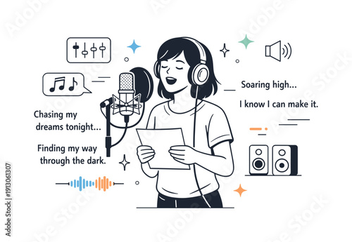 Album vocals recording. Artist standing in a vocal booth holding lyric sheets, singing with confidence and control. Quiet professional