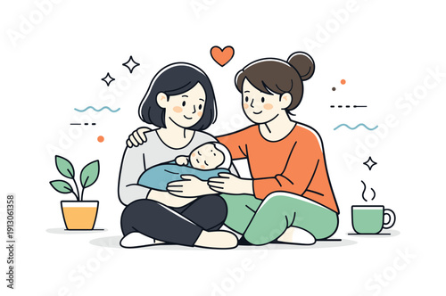 Helping someone with a new baby or adopting children. A warm editorial scene of one adult gently supporting another while holding a baby,
