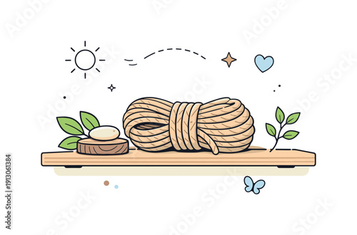 Natural twine rope. A minimal shelf scene with a bundle of twine placed next to simple natural objects like leaves or wood, conveying organic