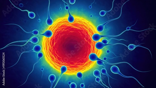 Microscopic view of sperm cells swimming towards human egg for IVF fertilization and reproductive health