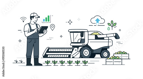 Smart farming technology. A farmer observing a harvesting robot while checking data on a tablet, calm collaboration between human and