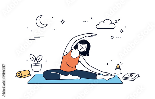 Screen-free evening routine. A relaxed scene with a person stretching or doing light yoga on a mat, no devices around. The atmosphere conveys