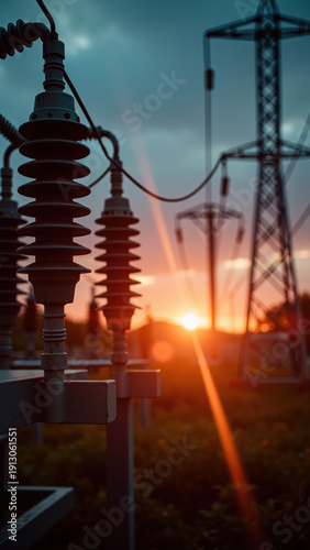 High voltage insulator power line electricity sunset silhouette outdoor energy technology dramatic sky industrial scene