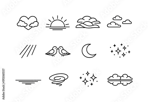   Ethereal love sunset. Line outline icon set of Ethereal love sunset: cloud heart, glowing