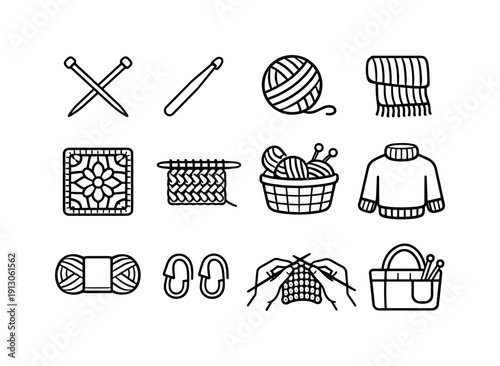    Crafting with Knitting and Crocheting. Line icon set of Crafting with Knitting and Crocheting: knitting needles, crochet hook, yarn ball,