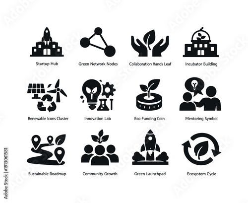 Eco Startup Ecosystem. Solid icon set of Eco Startup Ecosystem: startup hub, green network nodes, collaboration hands leaf, incubator