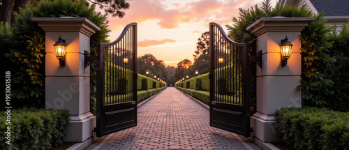 Elegant iron gate stone pillar lantern cobblestone driveway lush hedge sunset luxury estate tranquil entrance residential