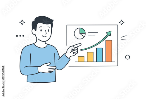 Pointing gesture communication. A person pointing at a simple chart or object, guiding attention clearly. Calm explanation mood, clarity, and
