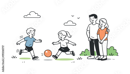 Family Fun Outdoors. Outdoor family leisure illustration active play. Children running or playing ball while parents watch and smile nearby, showing light