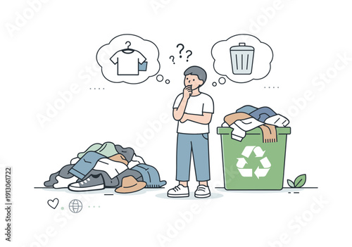 Sustainable Choices Moment. Fast fashion impact. Discarded clothes near a recycling bin, with a person hesitating between throwing away and reusing. Quiet