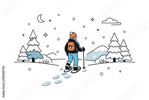 Snowshoeing in a winter wonderland. A single person walking calmly through a snowy forest on snowshoes, leaving soft tracks behind. The scene