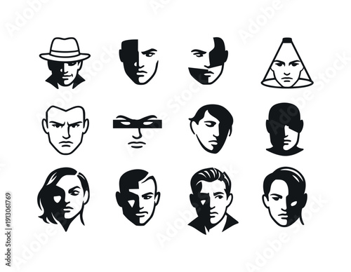   Cinematic shadow face. Line icon set of Cinematic shadow face: film noir face, dramatic close-up face, shadow across mouth, face under