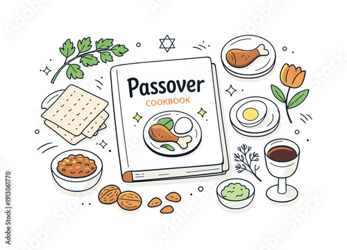   Passover cookbook flatlays. A festive but restrained flatlay with a cookbook, fresh herbs, and small symbolic elements arranged neatly.