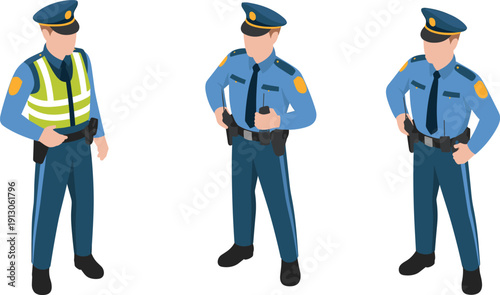 Flat isometric police officer character set, law enforcement uniform with radio and safety vest isolated on white