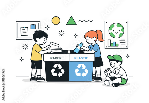 Classroom recycling bin. A simple recycling bin placed in a bright classroom corner, students casually sorting paper and plastic with calm
