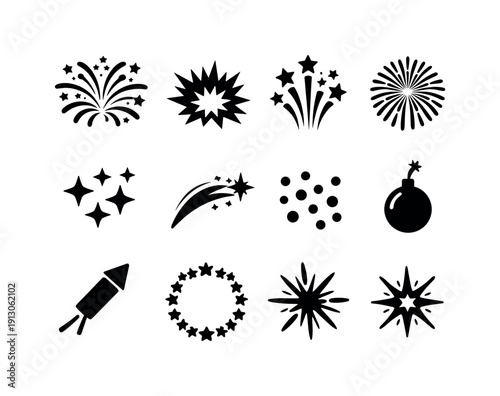 May Fireworks. Solid icon set of May Fireworks: fireworks burst, spark explosion, star fireworks, radial fireworks, night sky sparkles, light