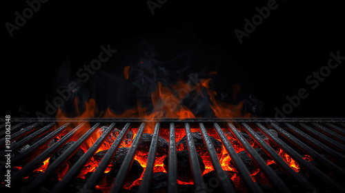 Empty fire flame by coal and grill rack with black background