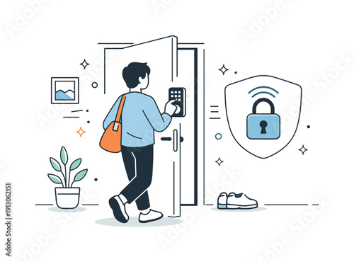 Smart Home Entry. Keyless entry. Person entering home without physical keys, door opening smoothly with a smart lock icon nearby. Relaxed, modern lifestyle