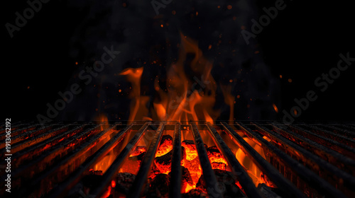 Empty fire flame by coal and grill rack with black background