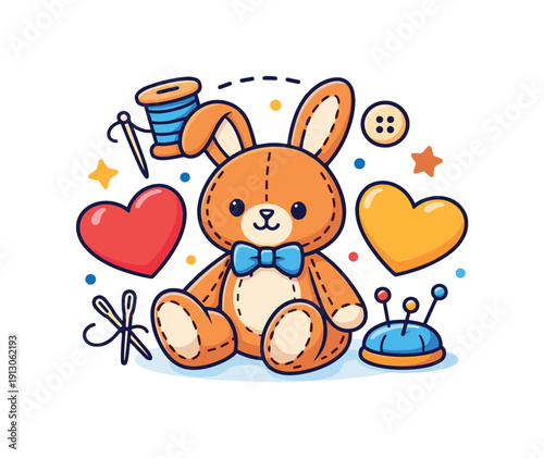 Hand-sewn stuffed animals and toys a compact badge-style composition with a stuffed toy framed by hearts and stitch icons, representing love,