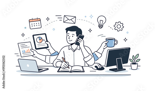 Workplace adaptability. Employee smoothly switching between tasks and tools at a modern desk. Calm professional scene showing flexibility and