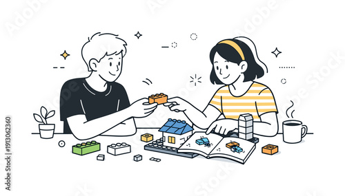 LEGO construction at home. Two people collaborating on a model, exchanging blocks and pointing at instructions. Calm teamwork and shared