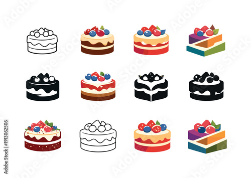   May cake with berries and cream. Icon set. Set Logo of May cake with berries and cream: festive spring cake. harmonious logo variations of