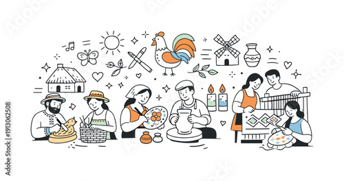 Folk craft community. Artisans working together with traditional objects and motifs, highlighting collaboration and collective cultural