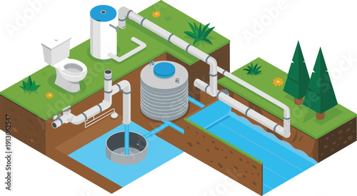 Isometric residential water treatment and recycling system with septic tank pipes filtration and reuse eco friendly illustration sustainable infrastructure design
