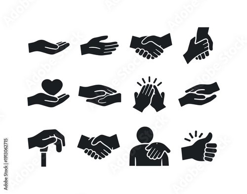    Helping hands. Solid icon set of Helping hands: open palm, hand reaching out, two hands holding, hand lifting another, hand giving heart,