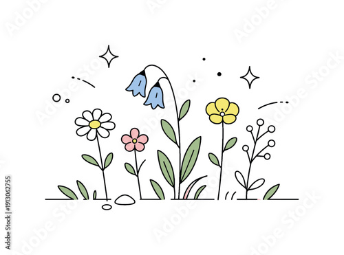 Wildflower close-up mood. Simple flowers growing freely with lots of white space around, gentle organic balance. Editorial nature still life