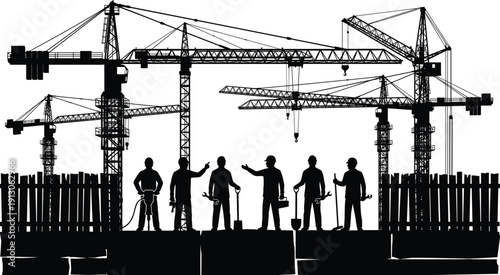 Construction site silhouette with tower cranes and workers team, industrial building project in black and white vector illustrationConstruction site silhouette with tower cranes and