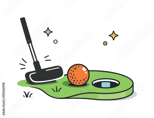 Seasonal mini-golf visits. Close-up scene of mini-golf details, ball, putter, and textured turf, clean composition highlighting casual