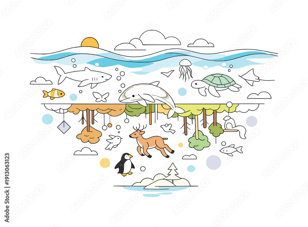Naklejka premium Surreal environmental art: inverted world ecosystem. An upside-down landscape with oceans in