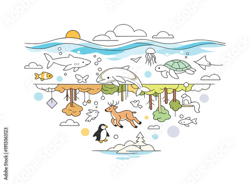   Surreal environmental art: inverted world ecosystem. An upside-down landscape with oceans in