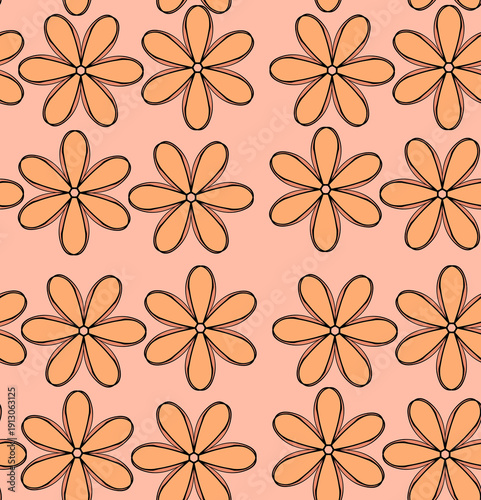 A seamless pattern with decorative flowers in a cartoon style. A repeating design with simple shapes and soft colors. Perfect for fabric, packaging, scrapbooking, wallpaper, backdrops, and children's 