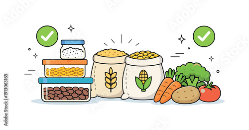 Organized Food Storage. Food supply stability. Storage containers, grains, and vegetables arranged neatly with checkmark symbols nearby. The scene feels