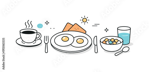 Modern geometric breakfast. Simplified plates, cups, and food items built from basic shapes, quiet morning atmosphere. Gentle lines and