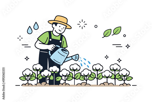 Natural cotton cultivation. A farmer watering cotton plants using eco-friendly methods, droplets and leaf icons gently surrounding the scene.