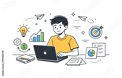 Young Entrepreneurial Vision. Youth entrepreneurship concept. A young entrepreneur confidently working on a laptop with notes and charts around, expressing