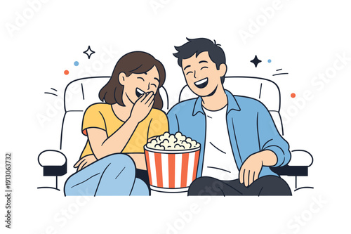 Cinema laughter. A couple laughing quietly while watching a movie, popcorn resting between them. Joyful date night mood, relaxed posture and