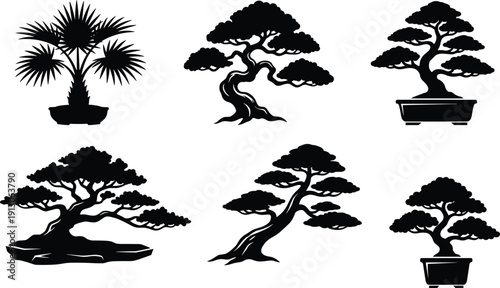 Bonsai tree silhouettes collection including Japanese miniature trees in pots, black and white vector illustration isolated on white background