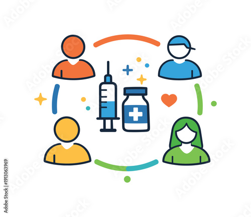 Vaccination campaigns represented by diverse abstract human icons connected around a central vaccine symbol, communicating inclusivity,